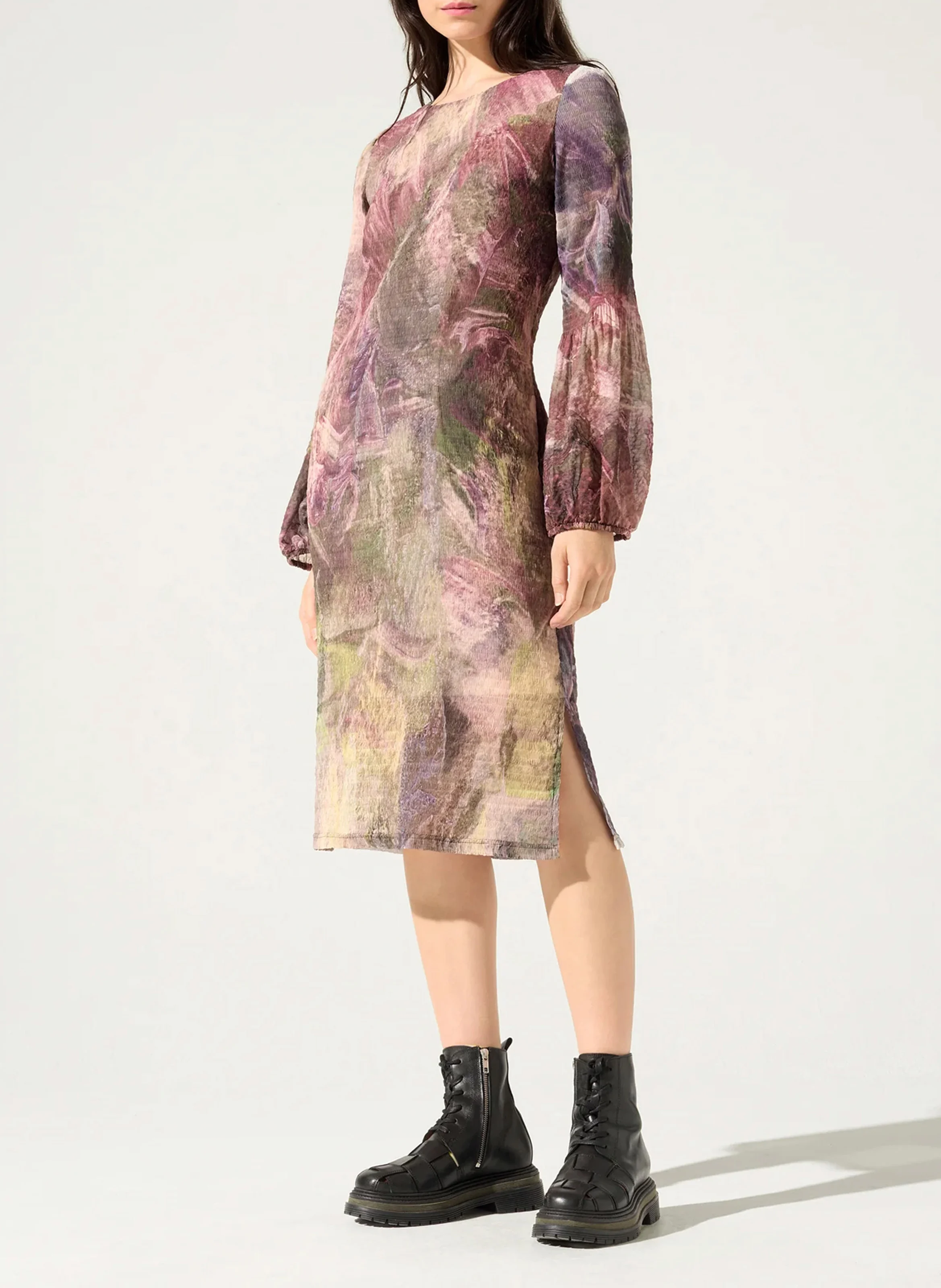 Robe midi col rond fendue à imprimé| Rose