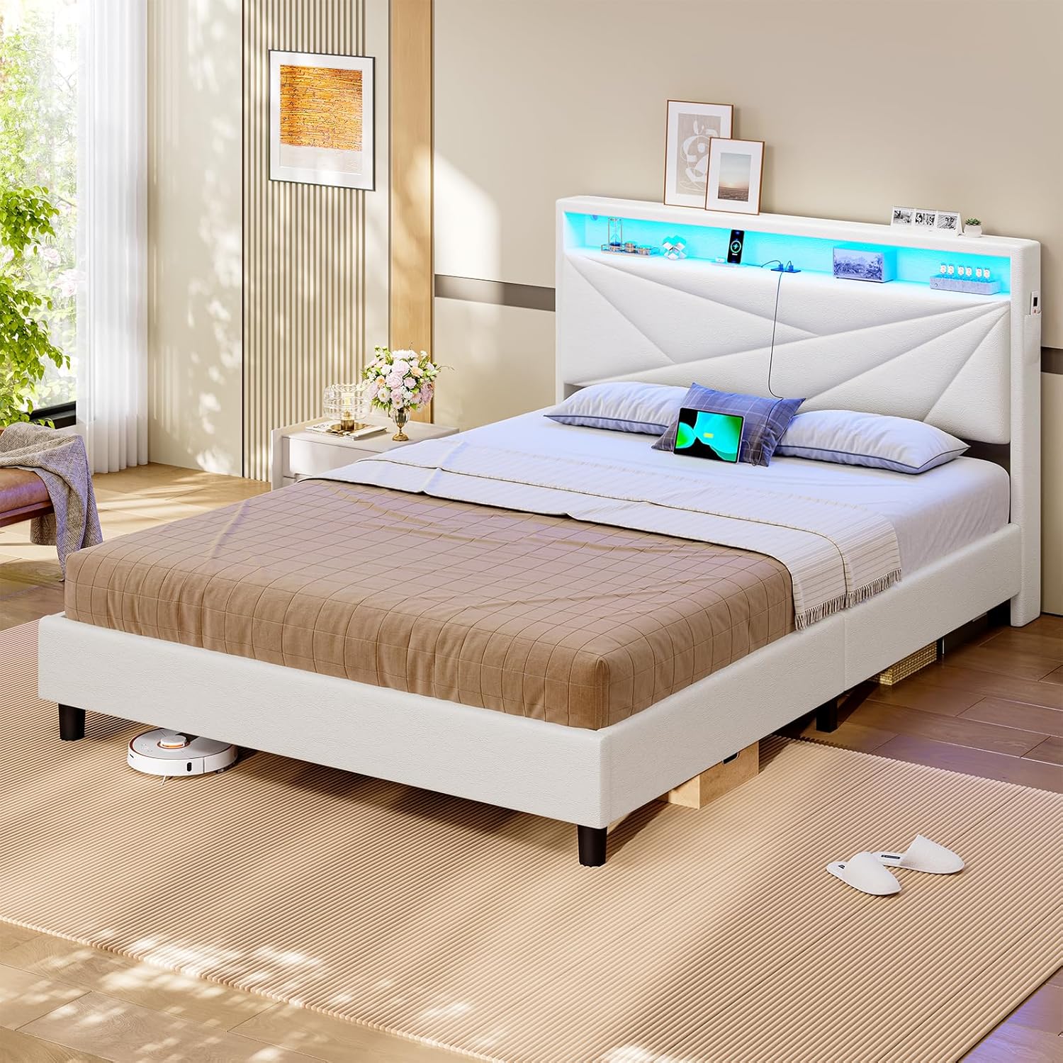 Bett 140 X 200 mit LED Beleuchtung, Polsterbett mit Steckdosen, Kopfteil mit Stauraum, Bettgestell mit Lattenrost, Schlafzimmer, PU weiß