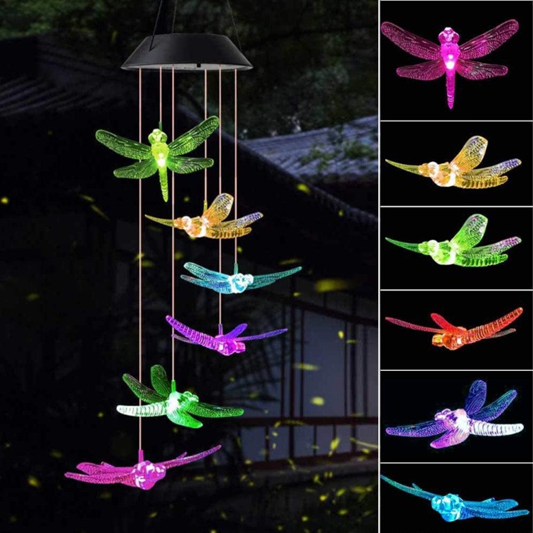 6 LED's Solar Outdoor Licht Garten Deko Windspiel Lampe im Libellen Design (IP65) - Bunt