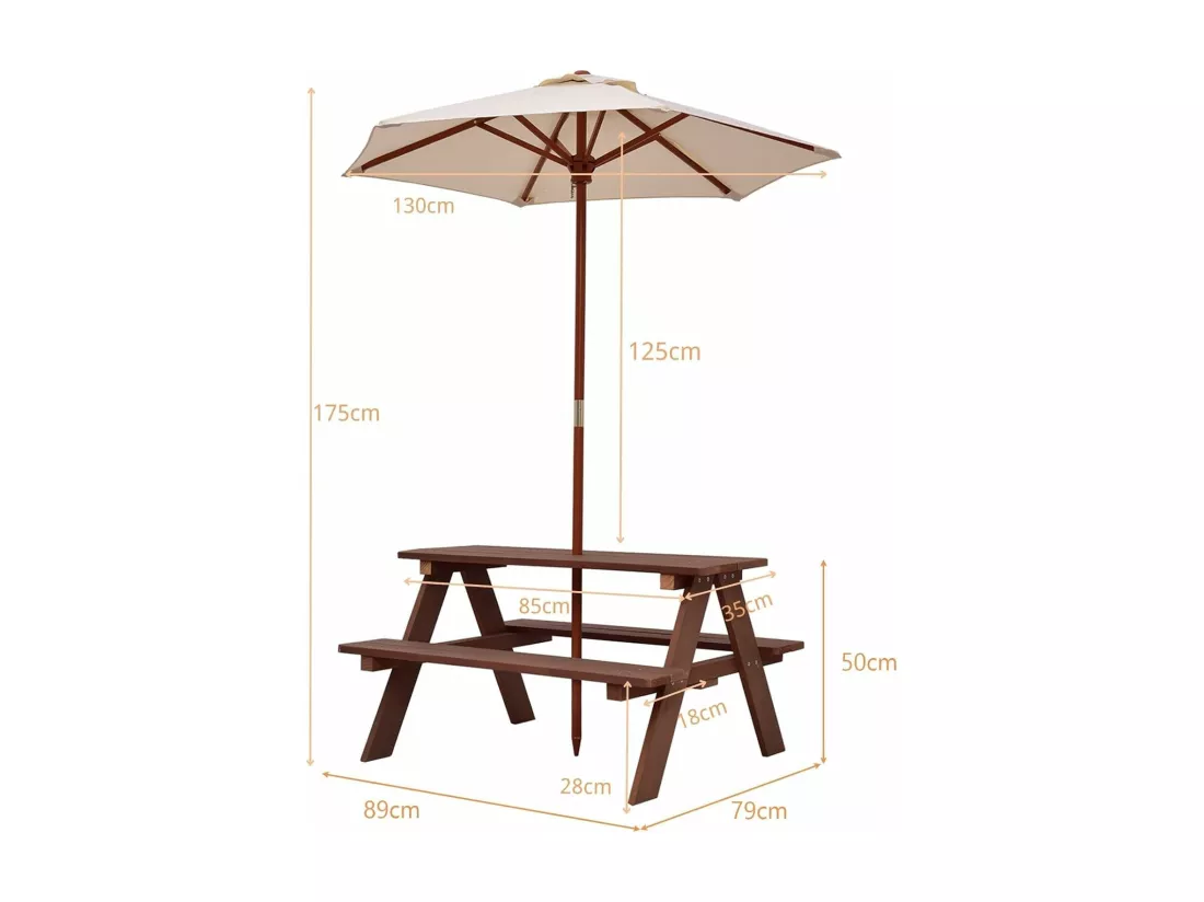 Table de Pique-Nique Enfants en Bois avec Parasol Amovible 89x79x50cm, Table d’Activités Enfants avec 1 Table et 2 Bancs pour Jardin Terrasse Patio (Naturel)