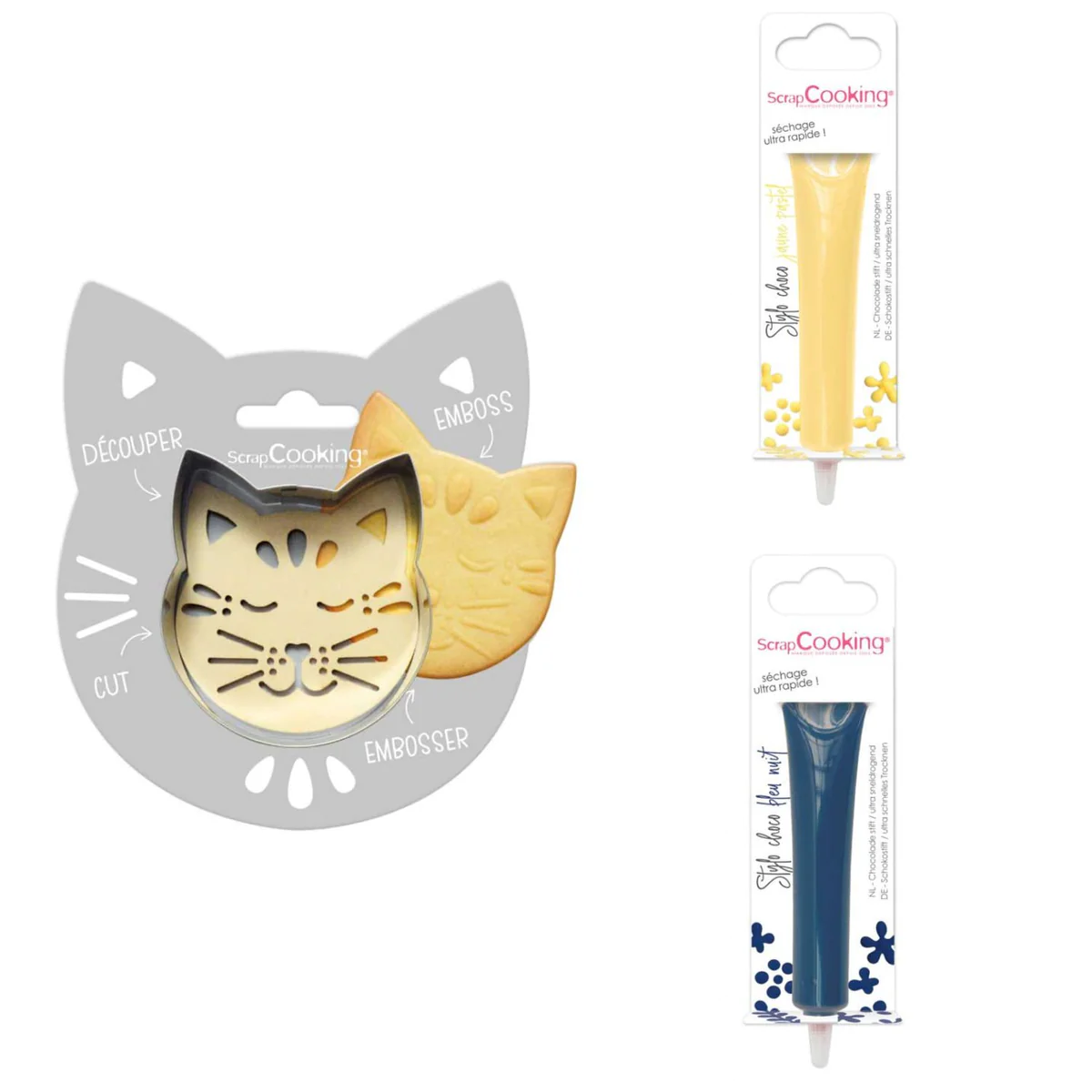 Kit pour biscuit en relief Chat + 2 Stylos au chocolat jaune pastel et