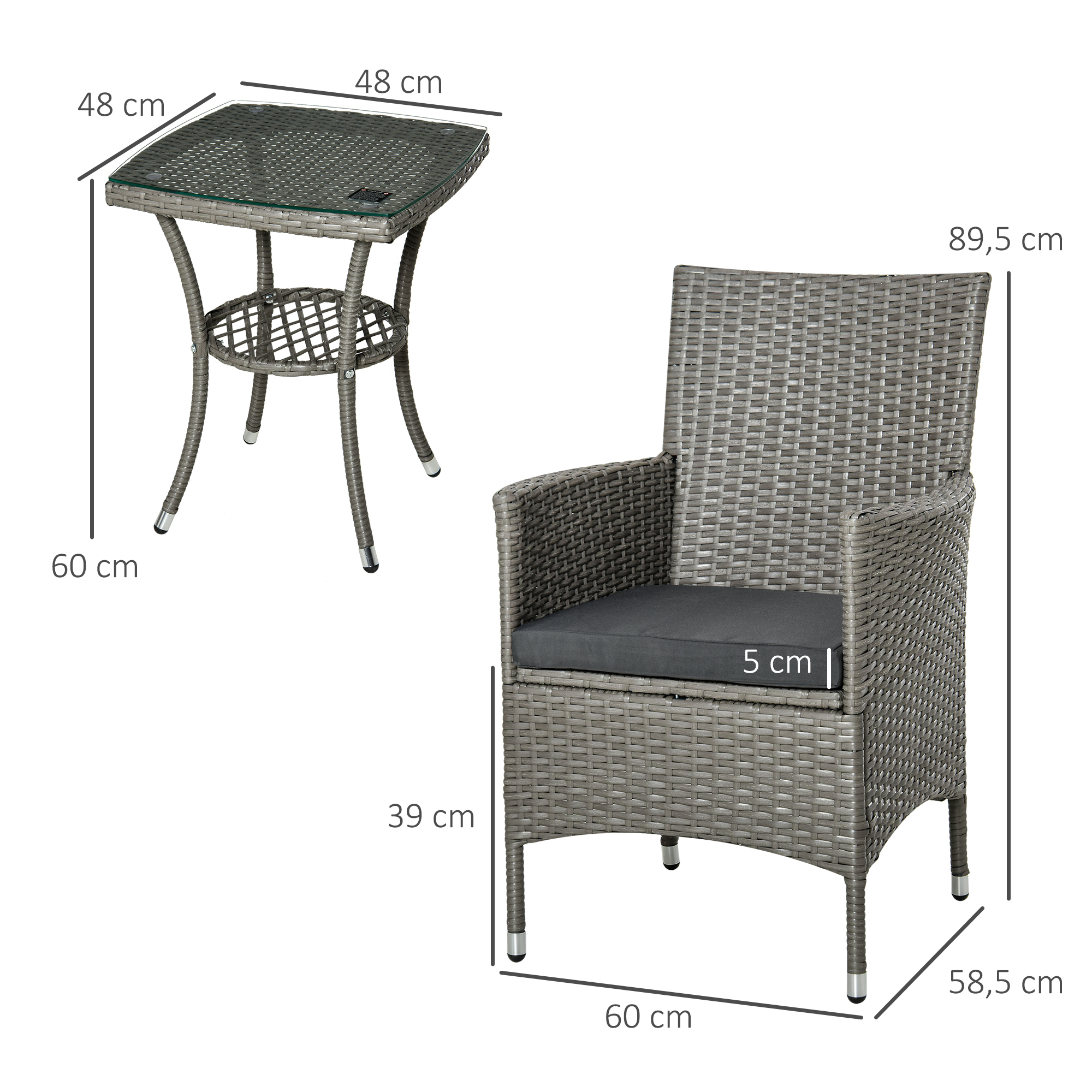 Conjunto de Móveis de Jardim Outsunny, em Rattan, Inclui 1 Mesa e 2 Poltronas com Almofadas, Estrutura Metálica para Terraço e Pátio, Cinza