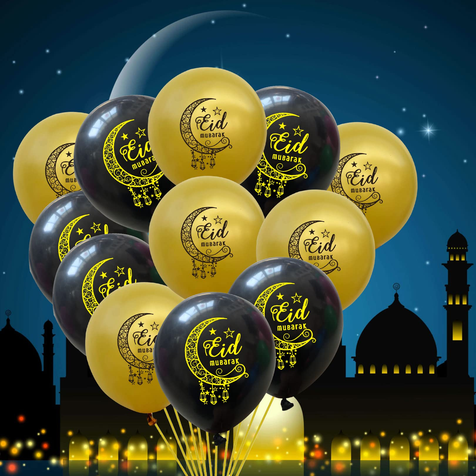 (12er Set) Ø30cm Ramadan Latex Ballons Eid Mubarak Party Deko Luftballons - Gold / Schwarz