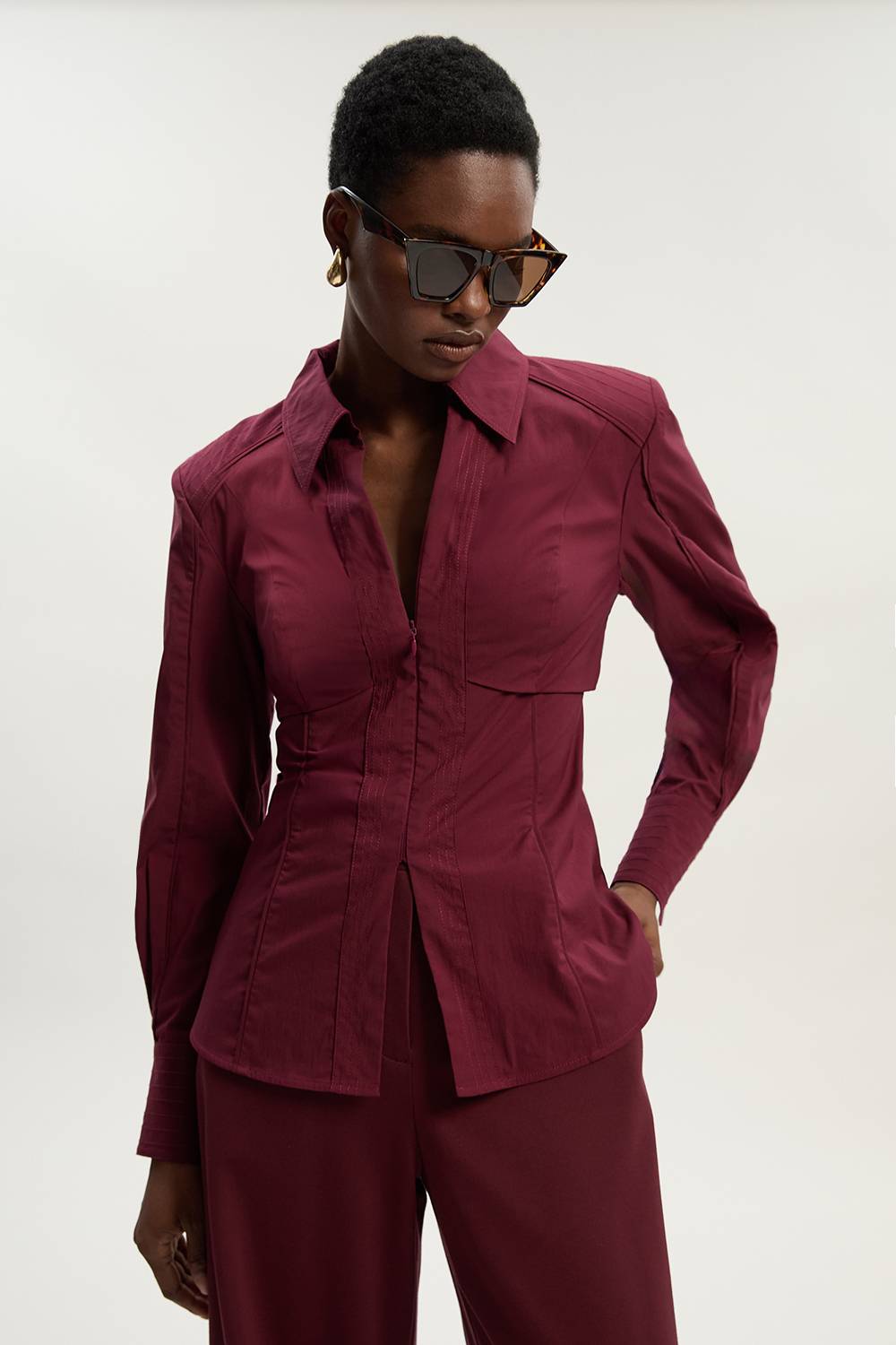 KarenMillen Chemise Manches Longues en Coton Tissé avec Détails Plissés