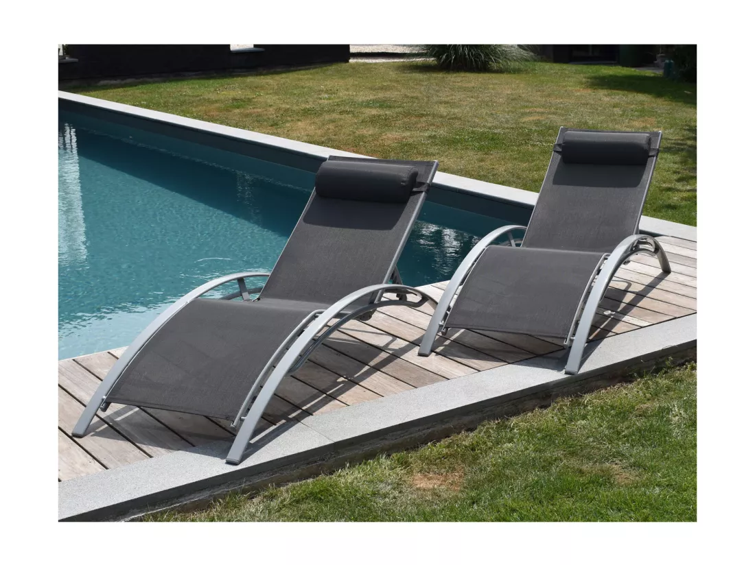 Lot de 2 transats GALAPAGOS en textilène gris - aluminium gris - HAPPY GARDEN