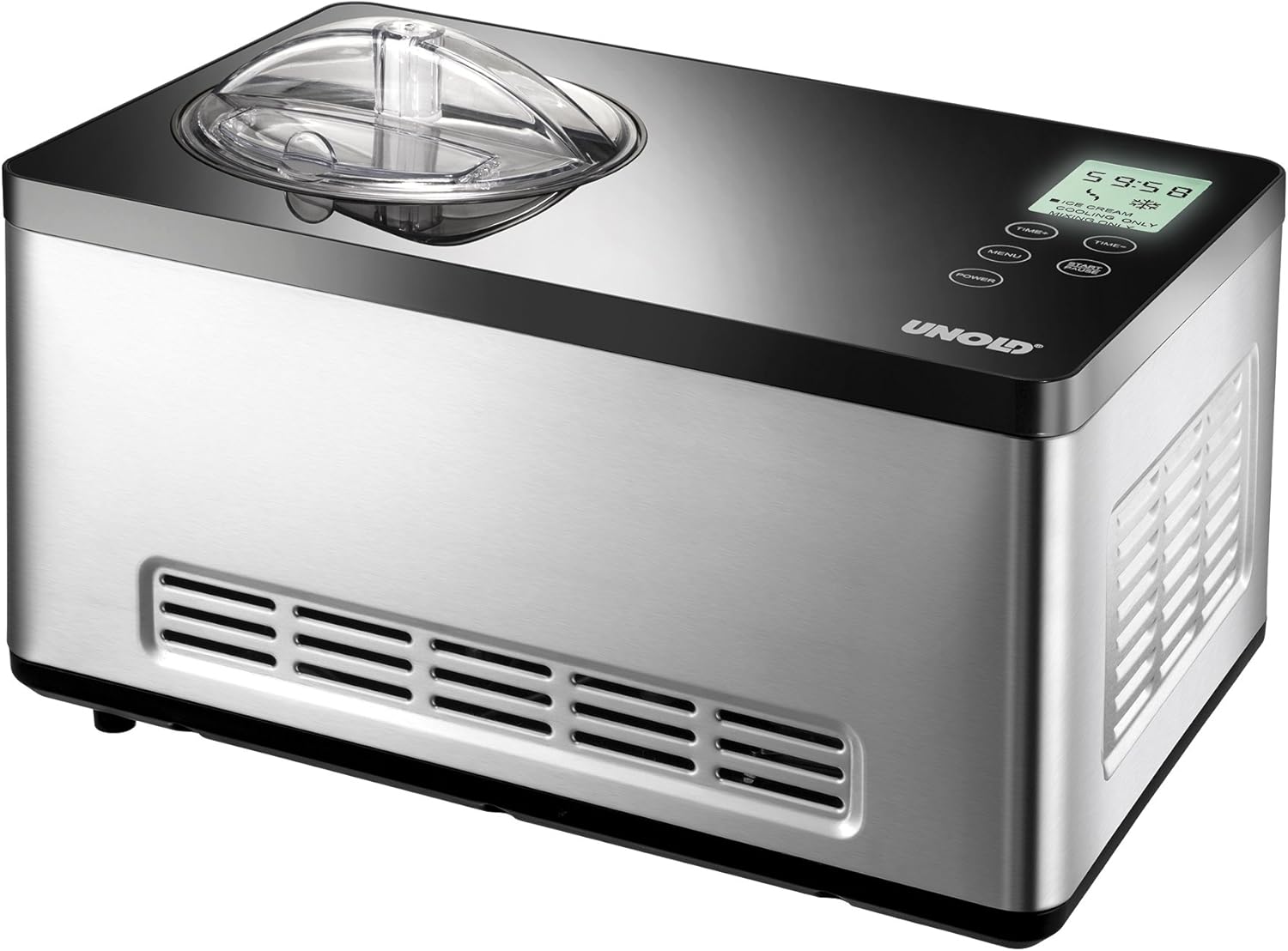 UNOLD 48845 Eismaschine Gusto - mit selbstkühlendem Kompressor, 180 W, 2 L Volumen, elegantes Edelstahlgehäuse, LCD-Display, Digitaler Timer