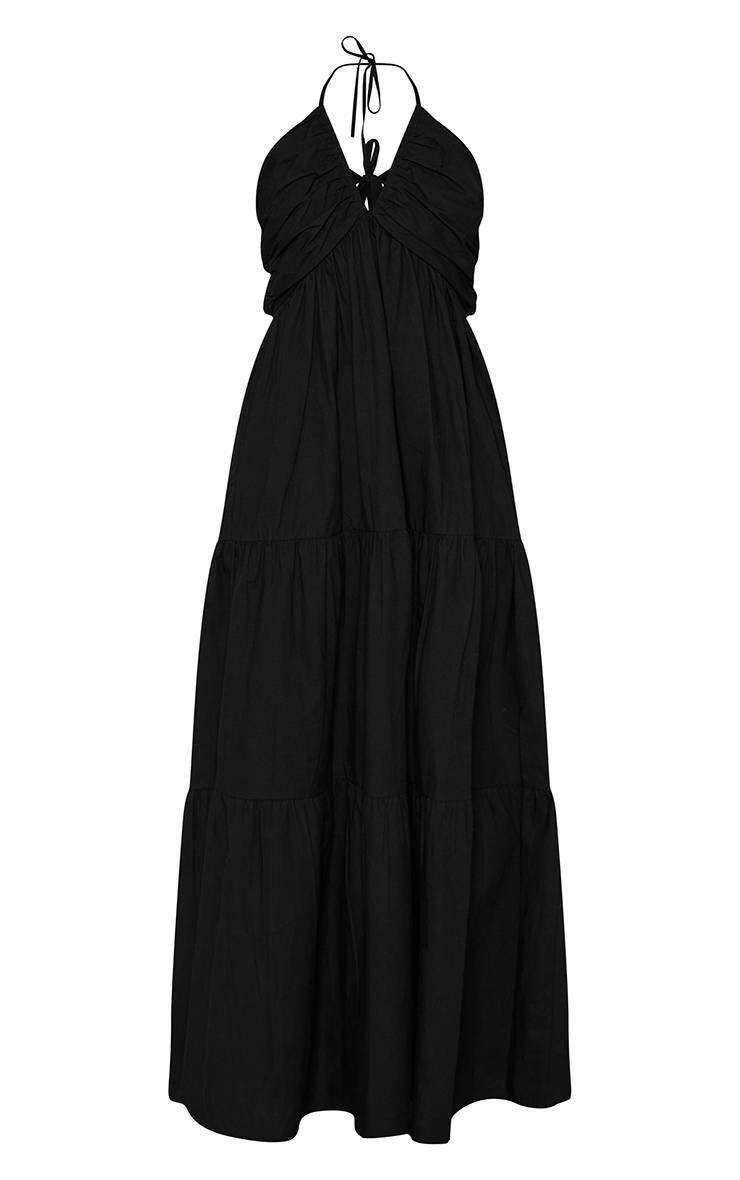 Noir Robe Longue Étagée En Popeline De Coton À Encolure Croisée Dos Nu