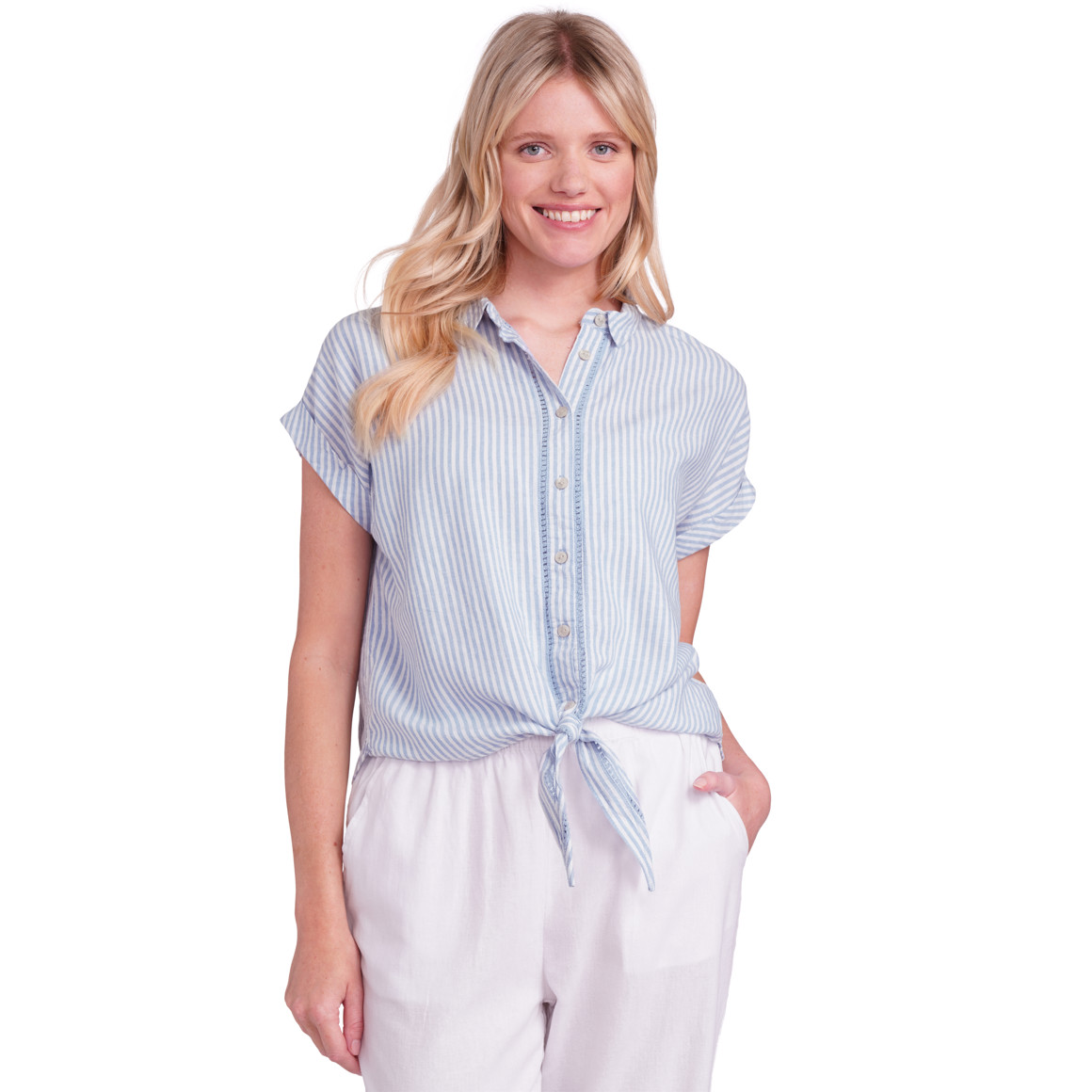 Gina Benotti Damen Leinen-Bluse mit Knotendetail blau / weiss