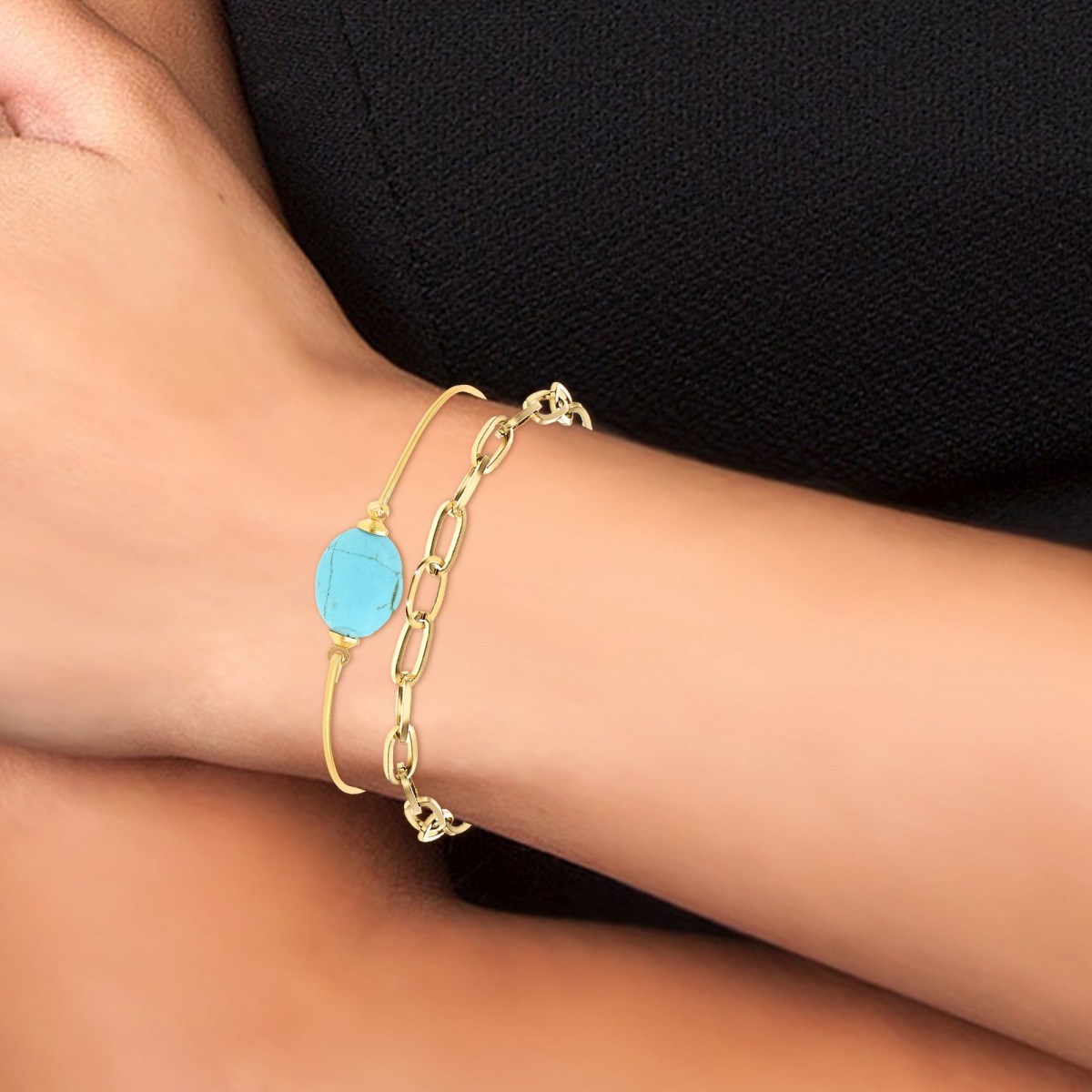 Lot de 2 bracelets SC Bohème en Laiton Finement doré orné d'une pierre naturelle Turquoise