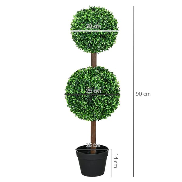 Kunstige planter, sett med 2 buksbom, 90 cm kunstig plante med dobbel kule, UV-bestandig stueplante, kunstig tre, plantedekorasjon for innendørs, uten