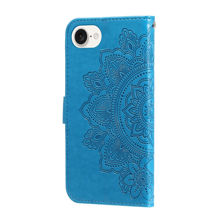 iPhone 16e Leder Tasche Wallet - Mandala Flowers Imprint - Blau