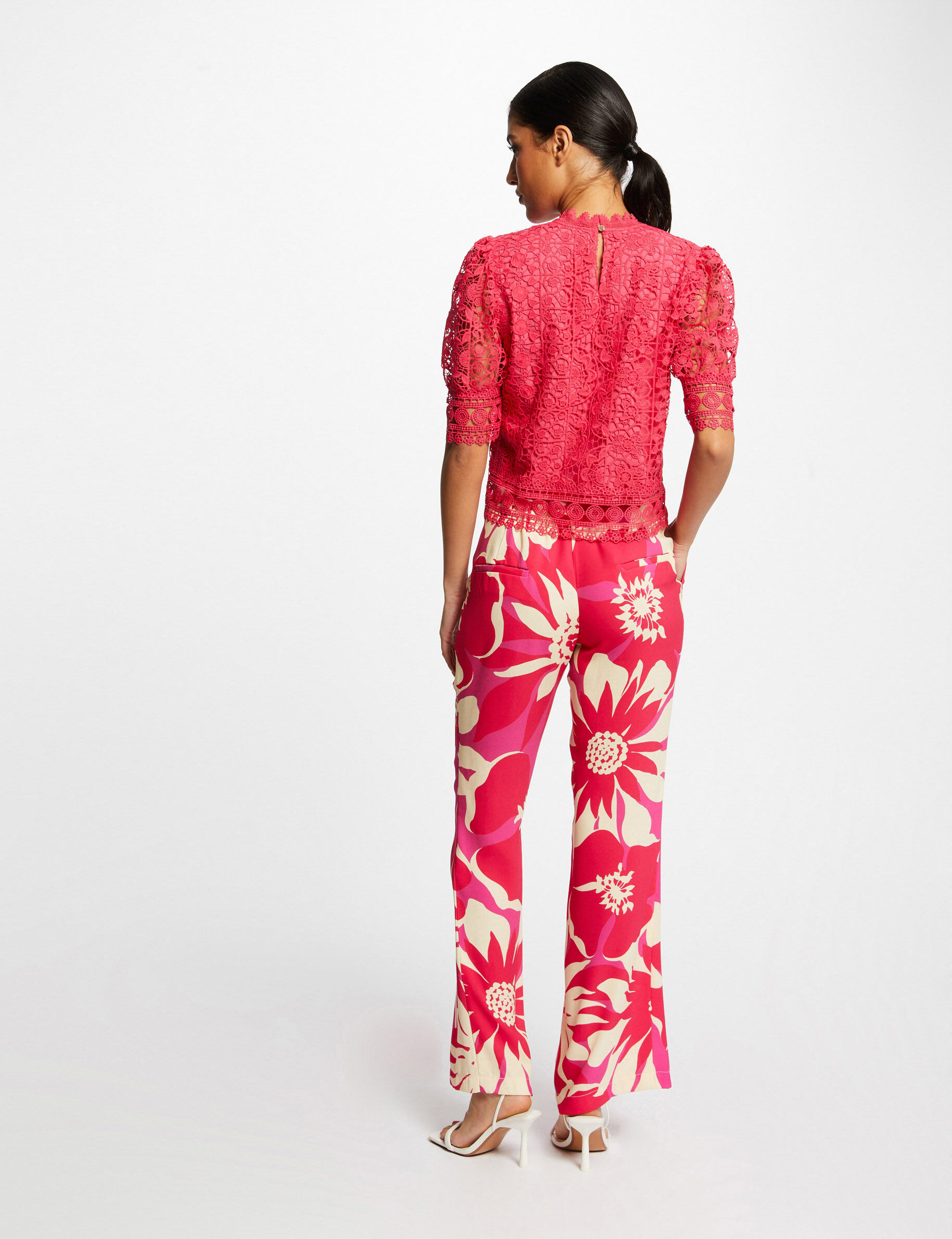 Blouse manches courtes en dentelle rose moyen femme - rose_moyen