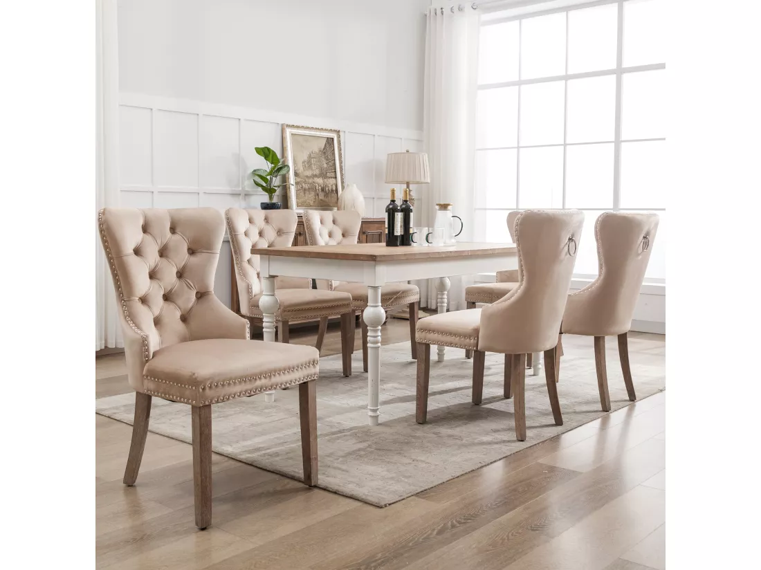 Lot de 6 Chaises de salle à manger, cuisine et salon chaise rembourrée pieds en bois massif - 53.5x64x95cm beige