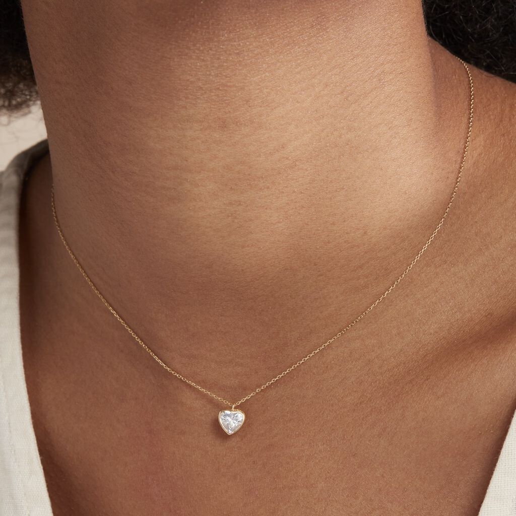 Collier Coeur Serti Clos Or Jaune Oxyde De Zirconium