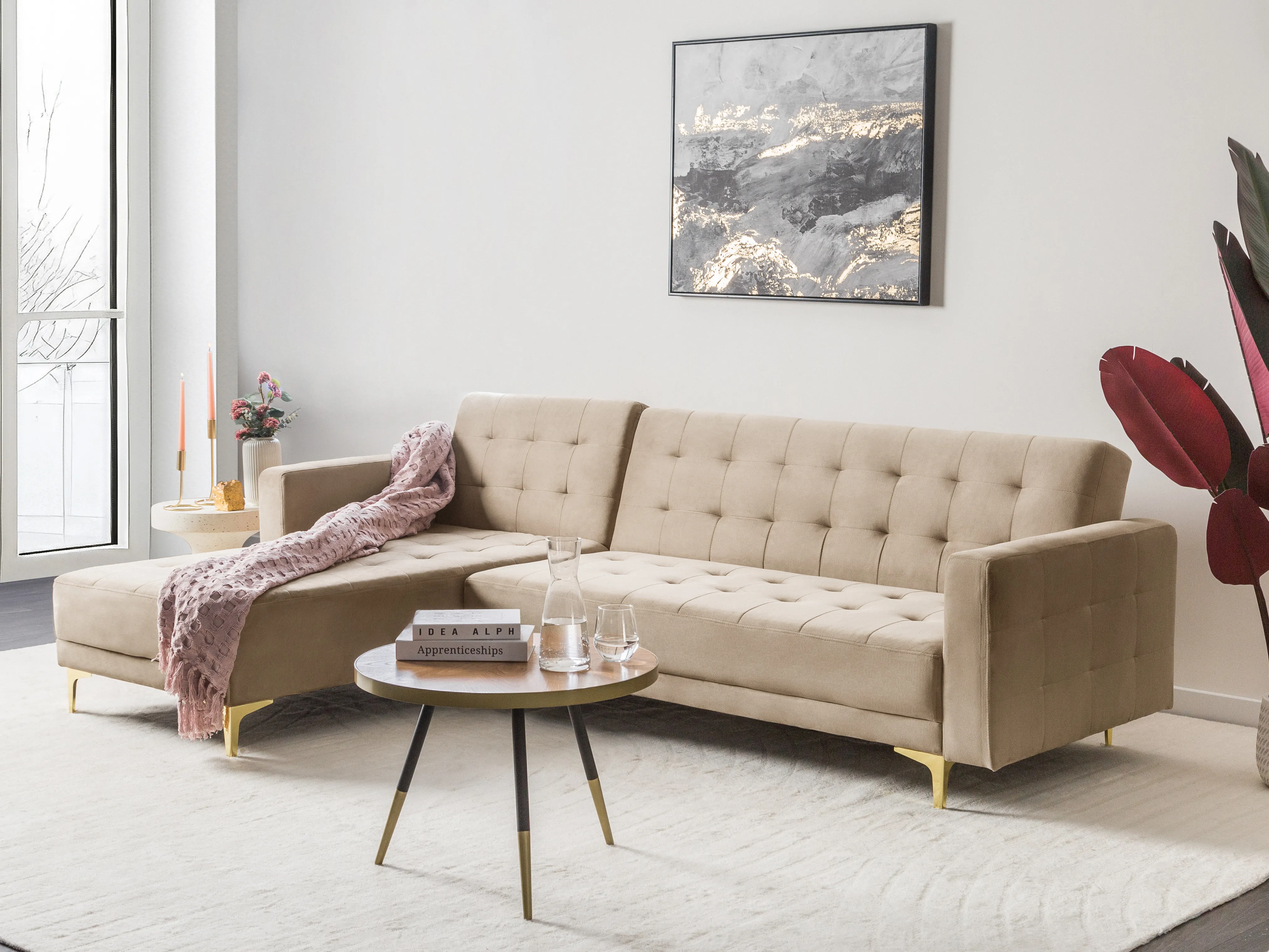 Modulaire hoekslaapbank 4-zits ABERDEEN Fluweel Zandbeige rechtszijdig