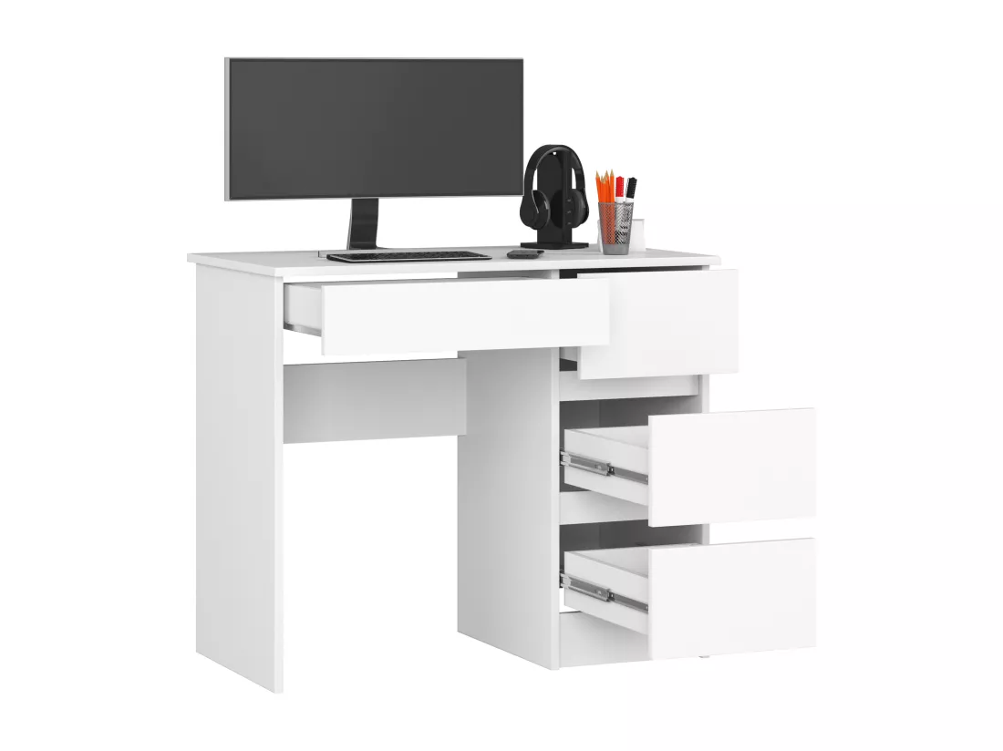 Bureau d'ordinateur AKORD droit A7 Blanc 90 cm 4 tiroirs façade Blanche 90x50x77 cm