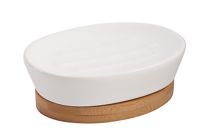 Porte savon GoodHome Cervia en bambou et céramique coloris blanc l.13,7 x P.10 x H.4,5 cm