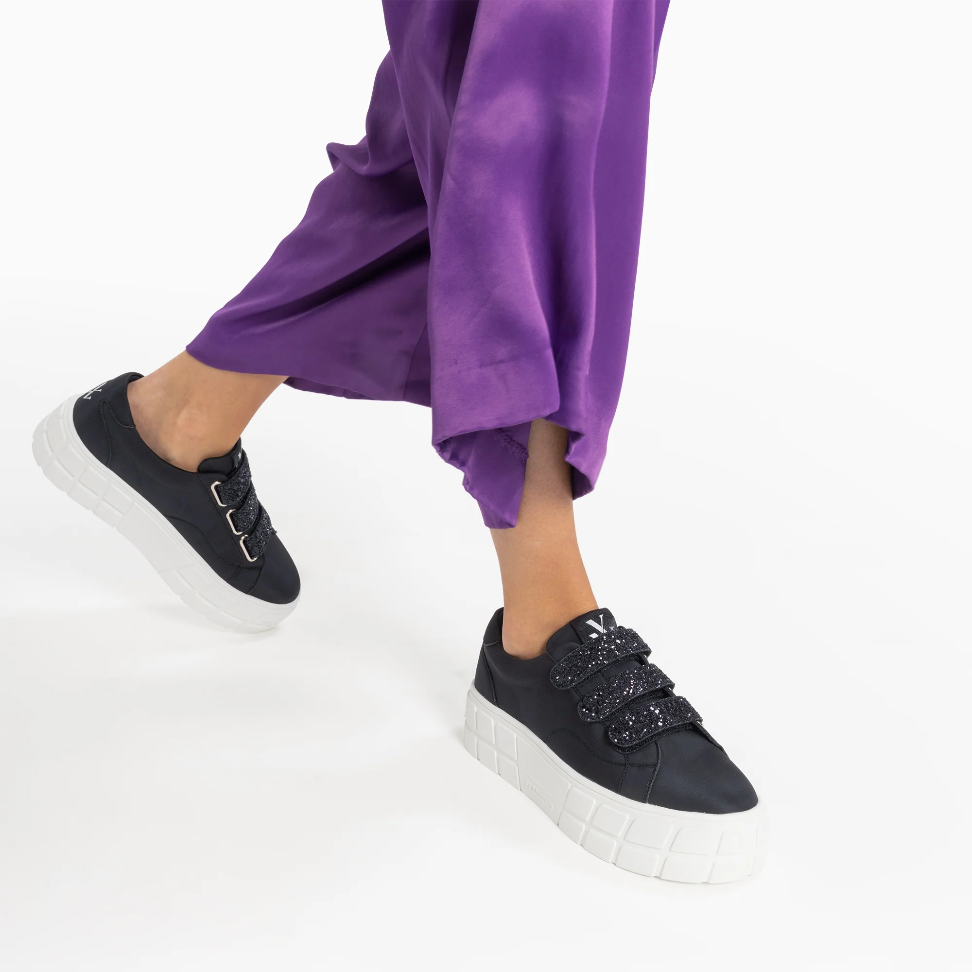 Sneakers-Baskets Monica noires à scratchs glitter et plateforme