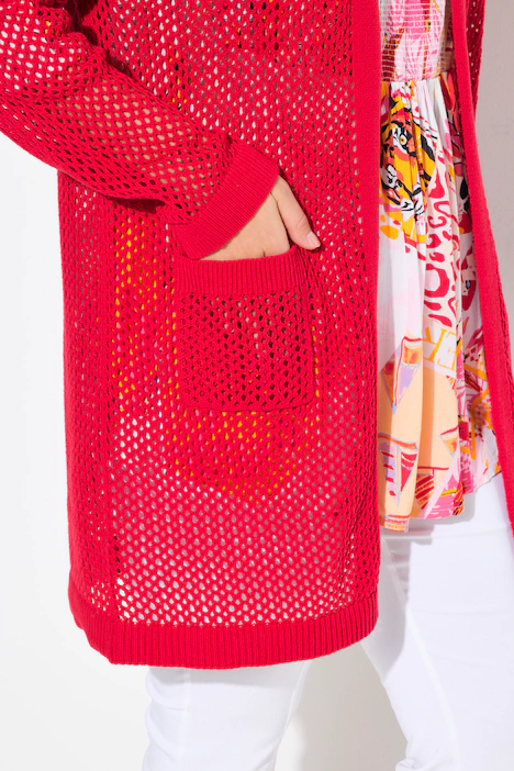 Long-Strickjacke, Netz-Optik, offene Form, V-Ausschnitt, lychee