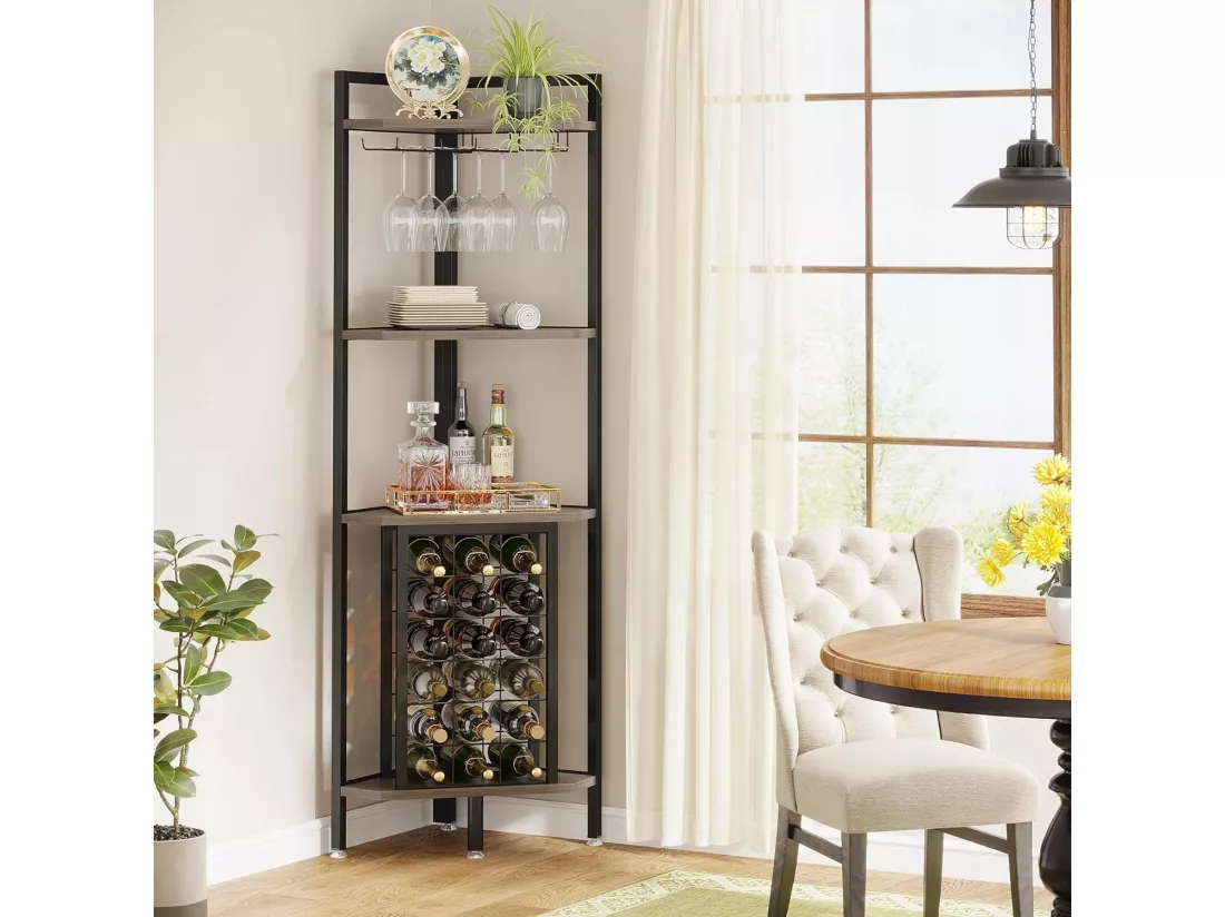 Casier à Vin, Étagère à vin d'angle avec Support en Verre et étagères de Rangement, Casier à vin Bouteilles pour Bar à vin, Cuisine, Salle à Manger, Gris