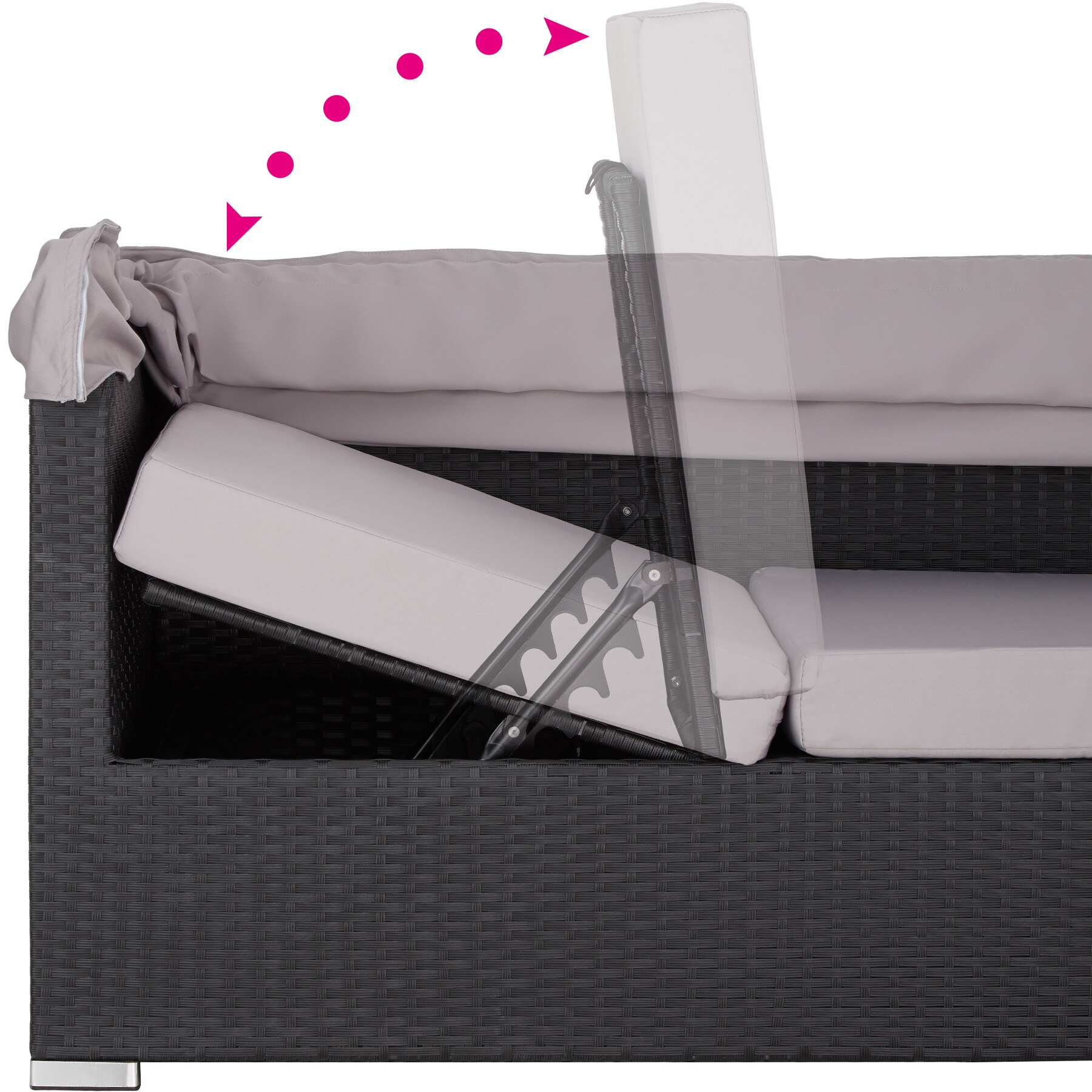 tectake® Rattan Lounge, mit Aluminiumgestell, wetterfest und UV-beständig, mit klapparem Sonnenschutz, mit Sicherheitsglasplatte, variabel aufstellbar