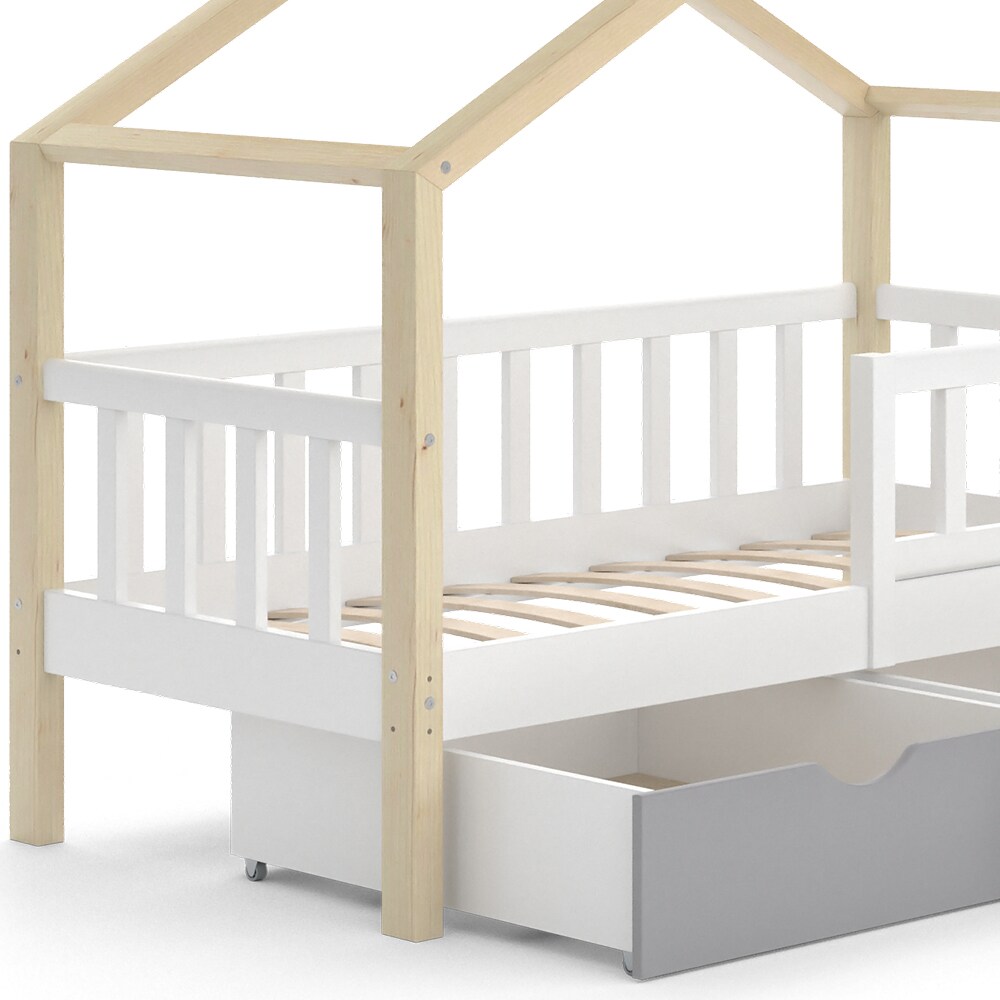 VitaliSpa Kinderbett Hausbett Einzelbett Design Weiß Grau Natur modern 70x140 cm Kinderzimmer Bett Massivholz Lattenrost Schublade Rausfallschutz Schubladenbett