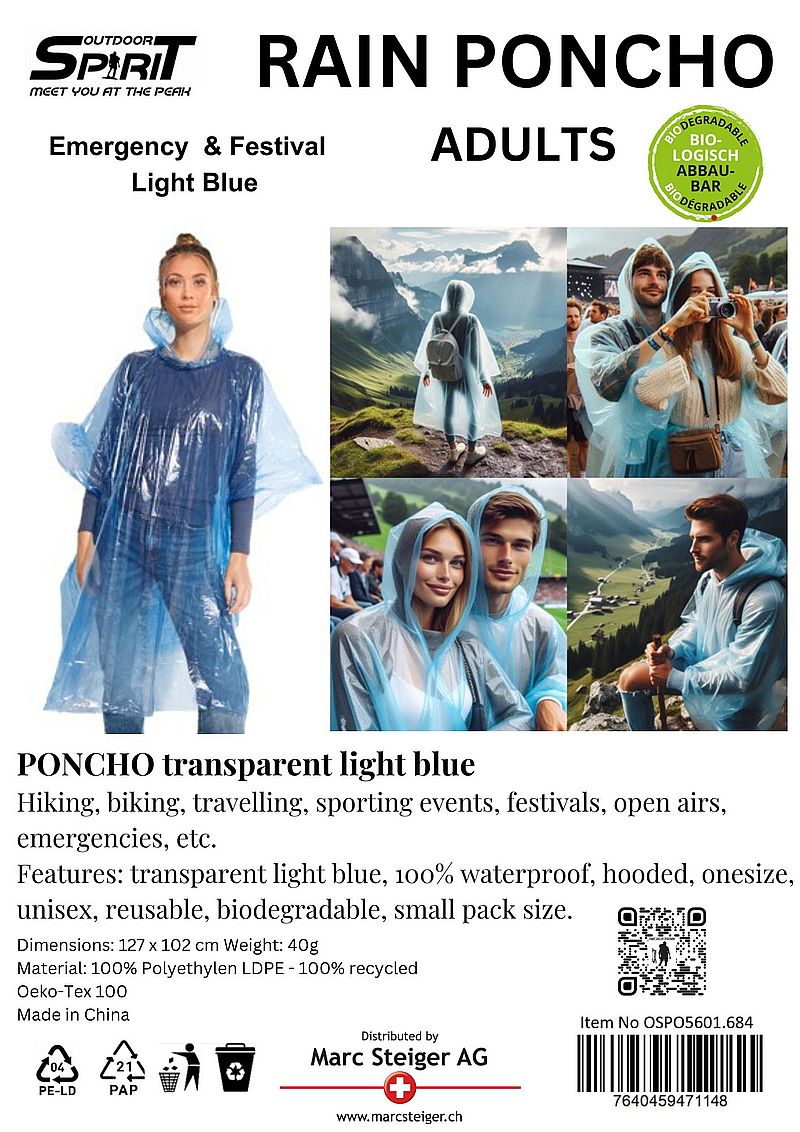 Regen-Poncho One Size Adults Oeko-Tex 100% recycled LDPE