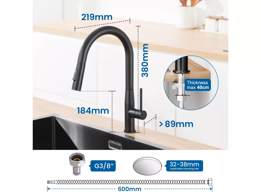 2PCS AURALUMMAX Mitigeur Cuisine,Robinet d'Évier Inox avec Douchette Extractible,2 Modes Jets Eau Froide/Chaude Rotatif 360 degré,Bec en Forme U,Noir