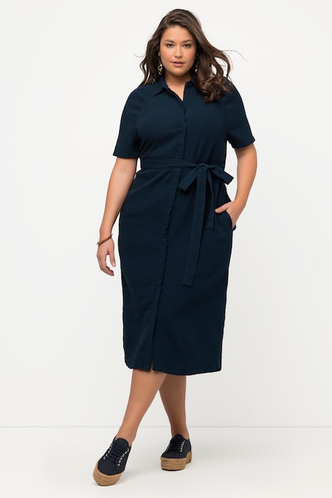 Midikleid, Hemdkragen, Halbarm, Musselin, Biobaumwolle