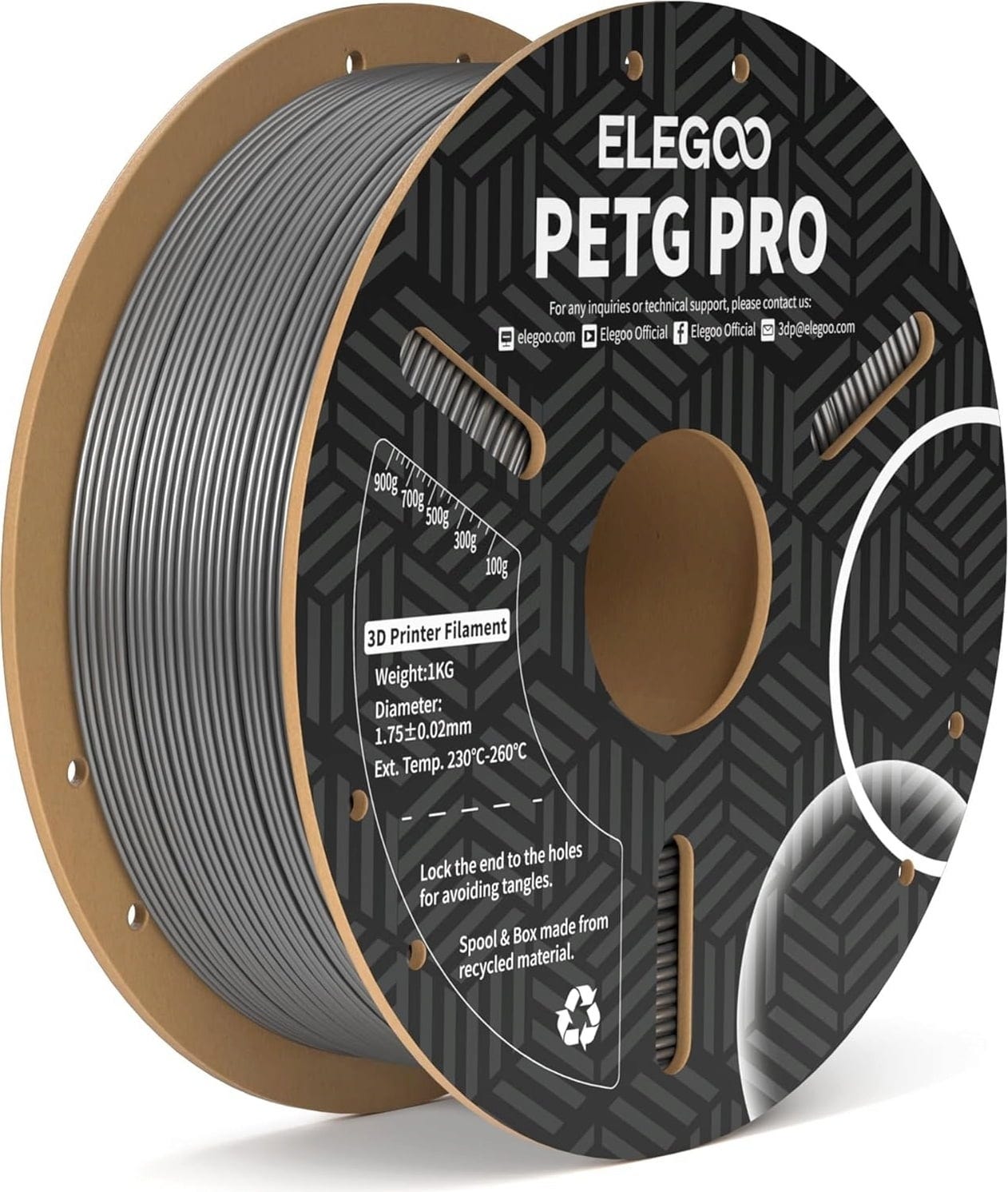 Elegoo  PETG PRO Grey, 1,75 mm / 1000 g    PETG Filament mit hervorragender Dimensionsstabilität in Grau
