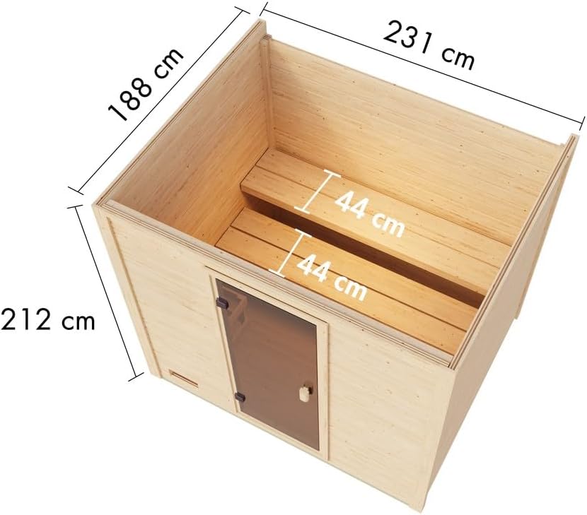 Karibu Gartensauna 230,8x189,9x219,5cm│Garten Sauna aus Fichte 38mm│mit bronzierter Glastür & 2 Liegen│Fronteinstieg│Massivholz│für2–4PersonenmitBoden