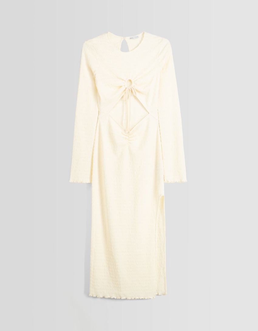 Vestido midi de manga comprida em malha waffle com recorte.