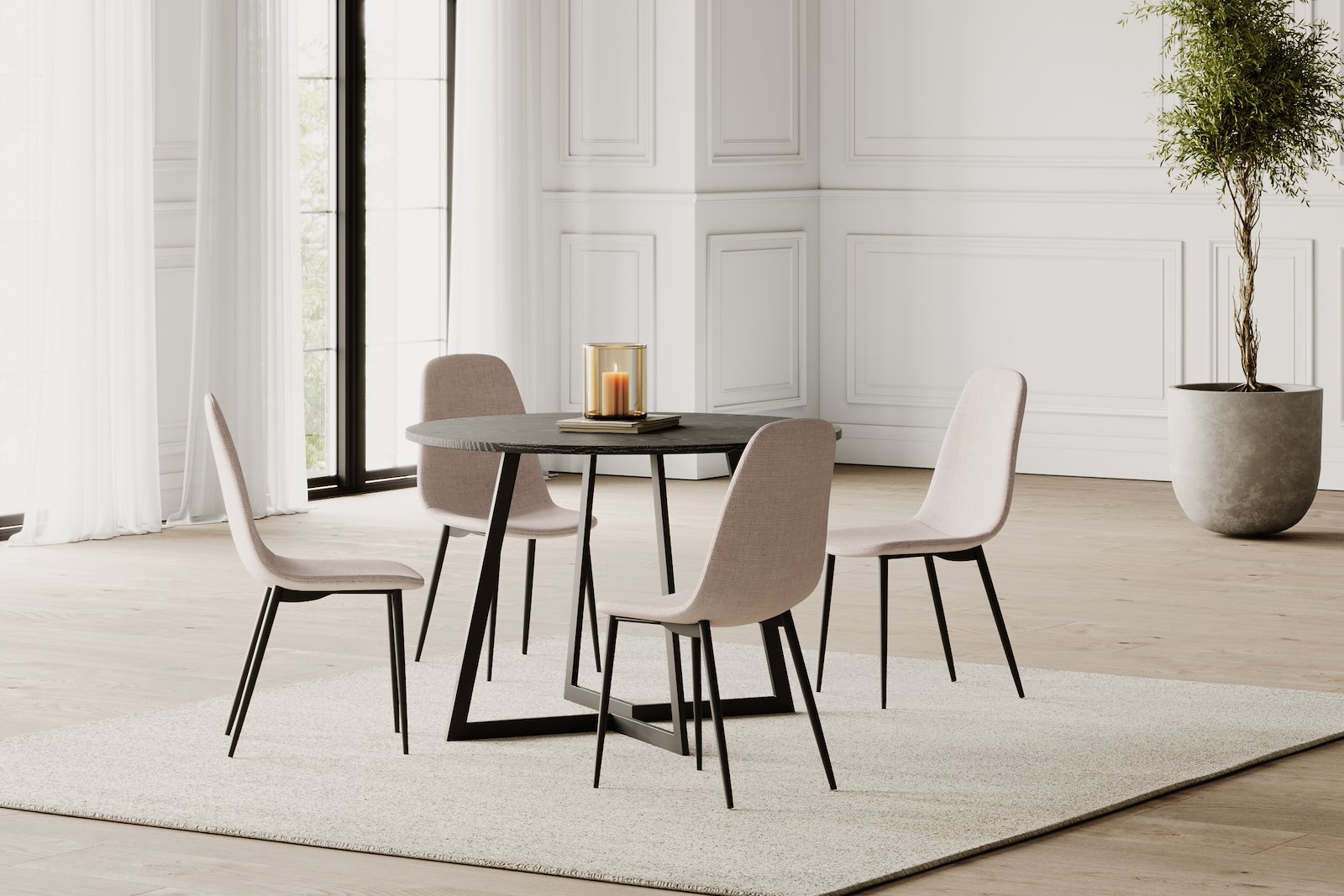 Celia spisestol Tekstil Nesia 2 Beige og ben i sortlakkert stål