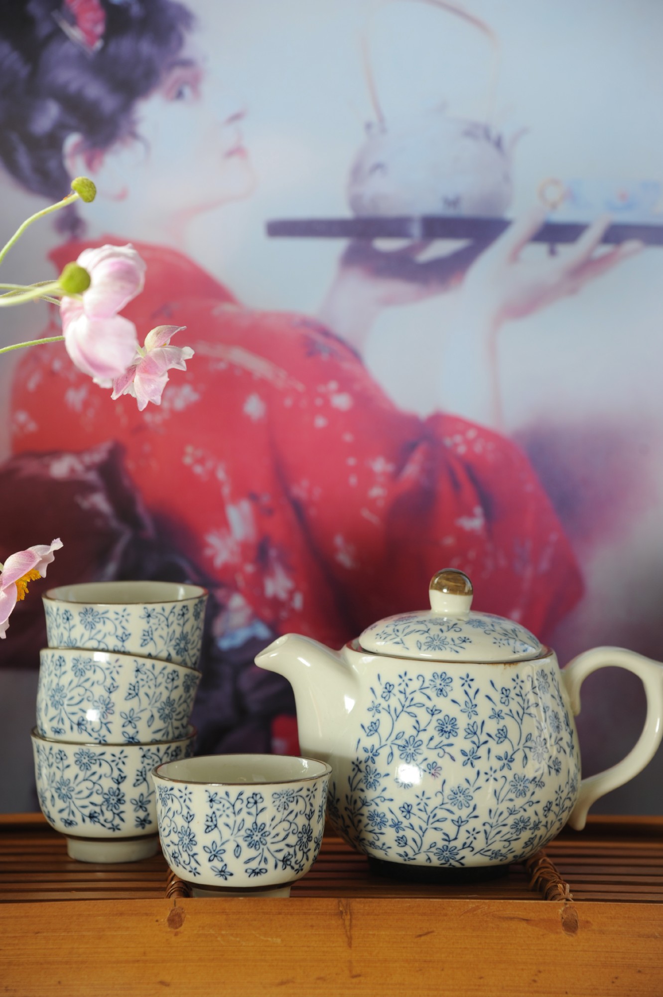 Teeservice 'Nan Ling', 4 Tassen, Teekanne, blau-weiß zu 19,80