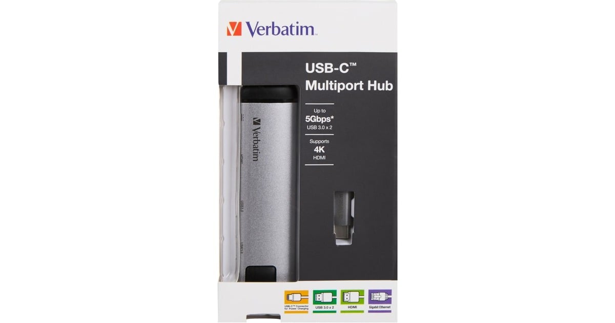 VerbatimUSB 3.2 Gen 1 multiport hub, USB-C > 2x USB-A + USB-C + HDMI + RJ-45 usb-hub  (Zilver/zwart, PD, opladen tot 100 watt)