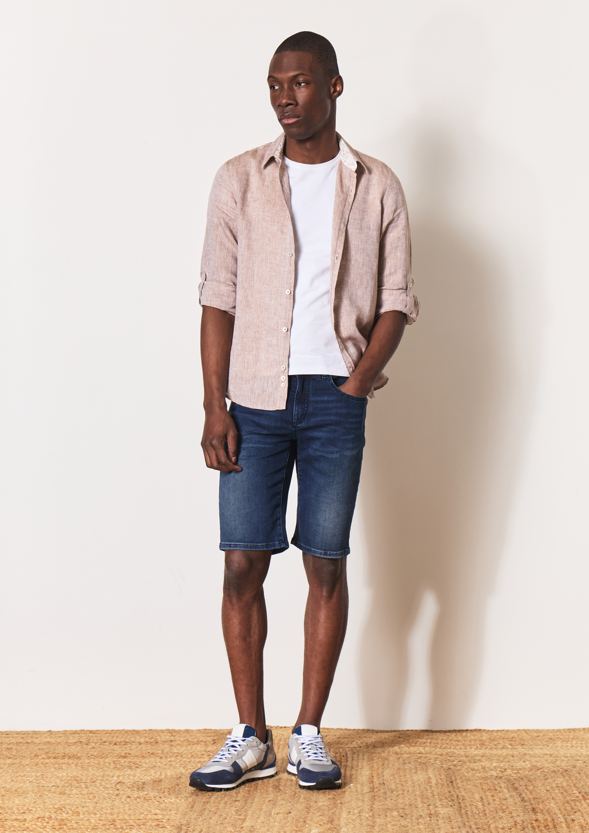 Bermuda en coton mélangé uni bleu jeans