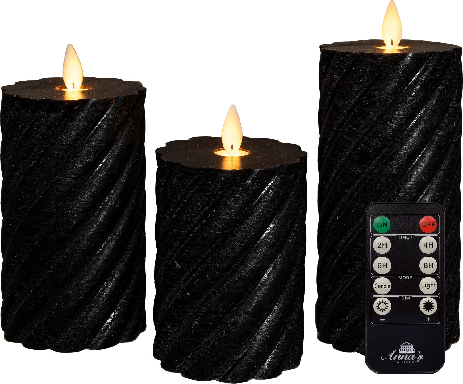 Anna's Collection LED stompkaars Swirl met timer zwart D 7,5 H 10 / 12,5 / 15 cm 3 stuks
