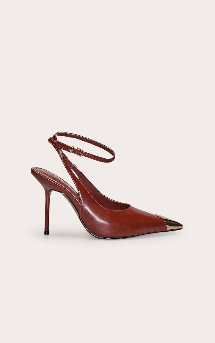 Marron Escarpins Slingback À Bout Doré Effet Froissé