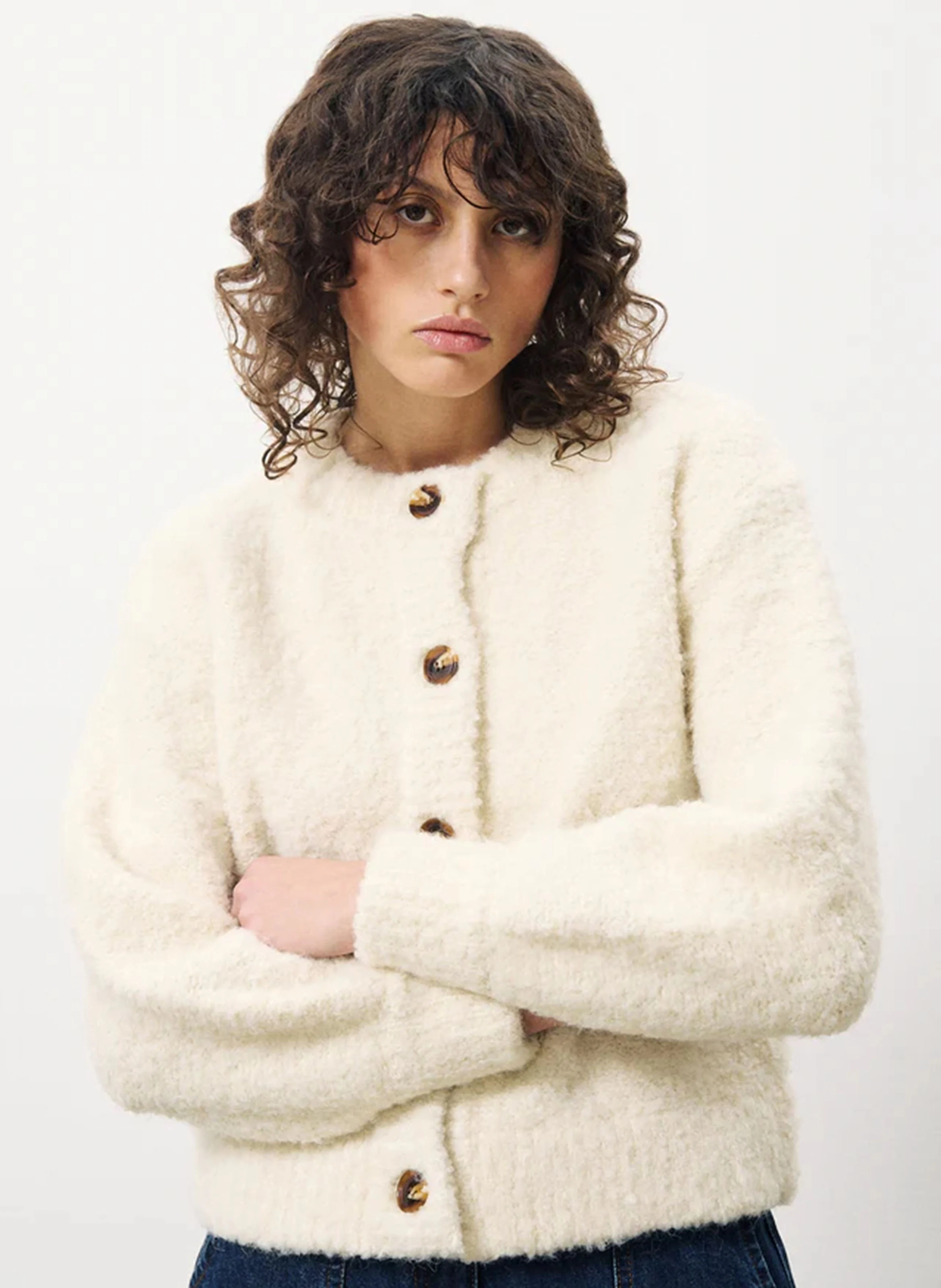 MEGANE - Cardigan col rond en maille bouclette | Beige