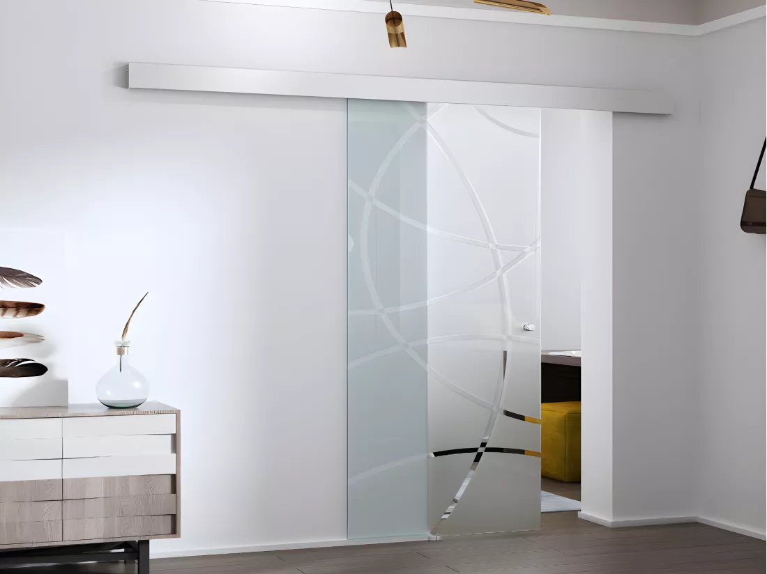 Porte coulissante avec système en applique H205 x L73 cm - Verre trempé dépoli - HEIDI