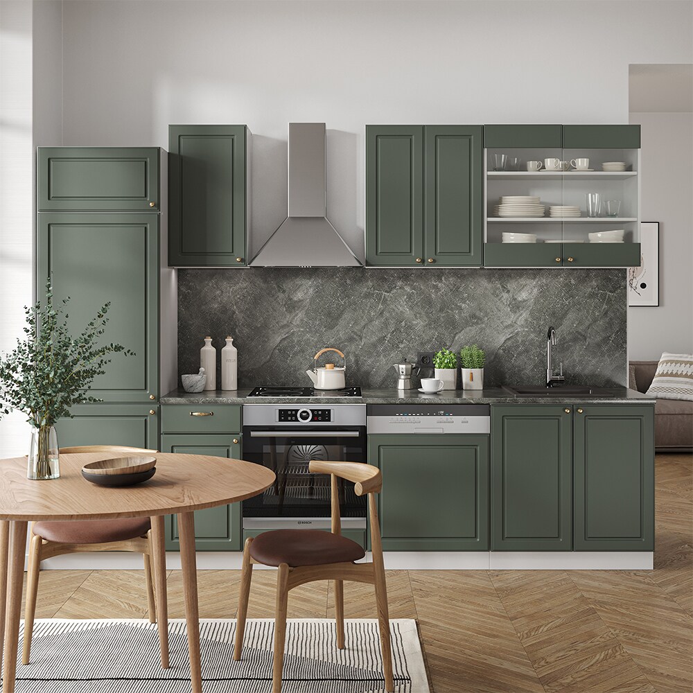Vicco Küchenzeile Küchenblock Einbauküche Fame-Line Landhaus Weiß Grün Gold 300 cm Schubunterschrank Herdumbauschrank Spülenunterschrank Hängeschrank Kühlumbauschrank Geschirrspülerblende