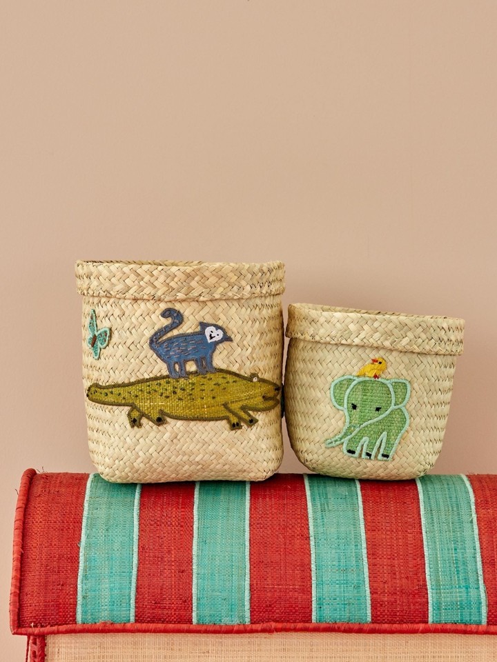 Rice - Runde Raffia Kurve Med Dyre Broderi Krokodille/Elefant