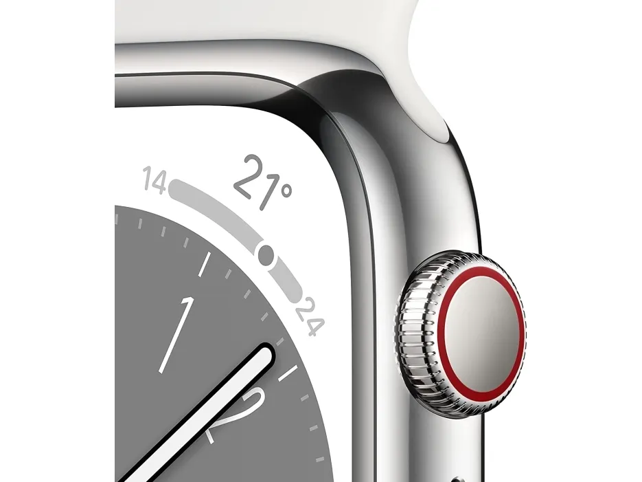 Apple Watch Series 8 (GPS   Cellular) - 41 mm - sølv rustfrit stål - smart ur med sportsbånd - fluoroelastomer - hvid - båndstørrelse: Almindelig - 32 GB - Wi-Fi, Bluetooth, LTE, UWB - 4G - 42.3 g