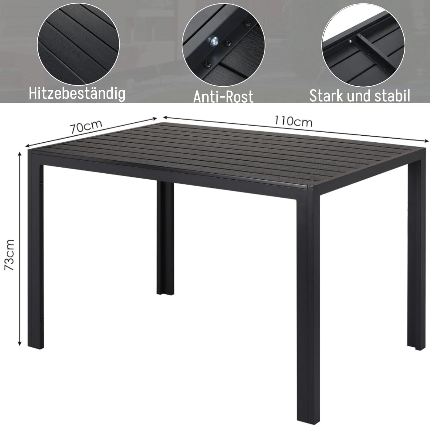LIFERUN 3-Teiliges Gartenmöbel Set, Aluminium Balkonmöbel Set, 2pcs Verstellbare Hochlehner Klappstühle +110x70cm WPC Wetterfest Rechteckiger Terrassentisch,Essgruppe Sitzgruppe Outdoor, Schwarz