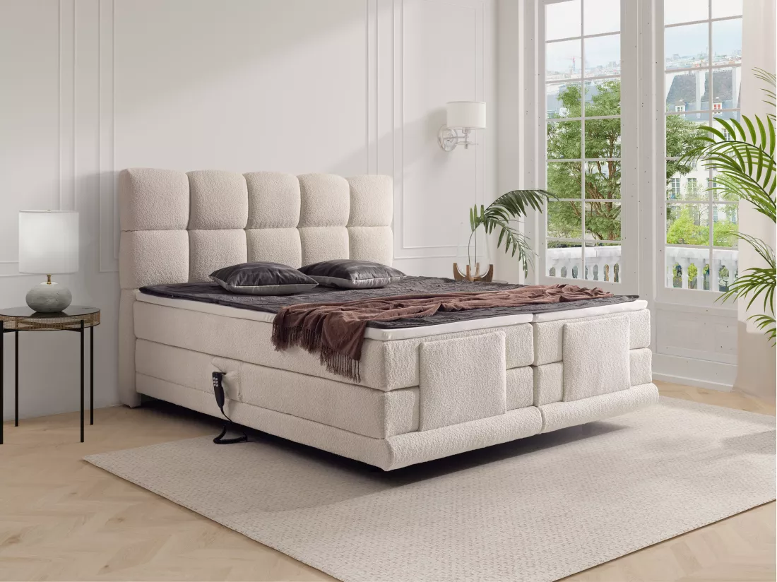 Ensemble complet boxspring tête de lit + sommiers relaxation électrique + matelas + surmatelas - 2 x 80 x 200 cm - Tissu bouclette - Beige - OMILA de PALACIO