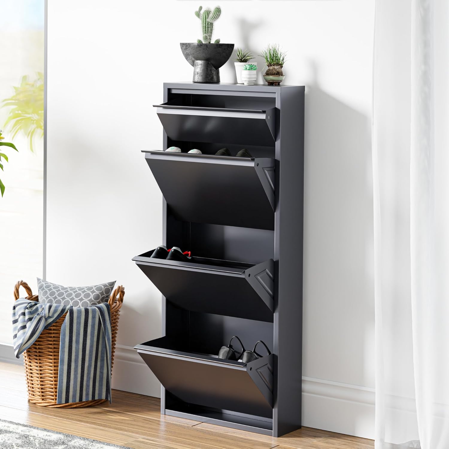 [en.casa] Schuhschrank Sokndal Schuhkipper mit 4 Klappen Metall Schuhkommode für 6 Paar Schuhe 118 x 50 x 15 cm Grau