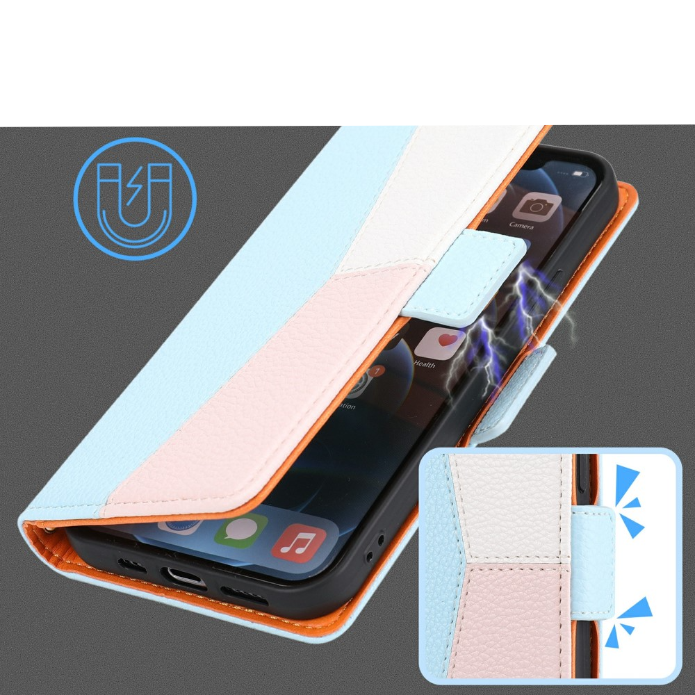 iPhone 12 / iPhone 12 Pro Leder Tasche Flip Cover Litchi Look mit Kartenfächern Geometrisches Design - Blau / Rosa / Weiss