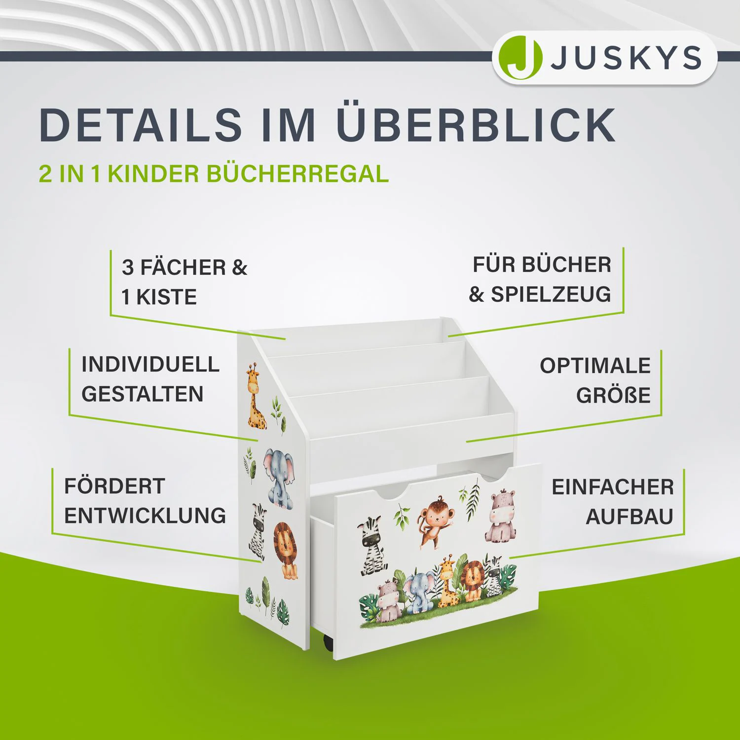 Juskys Kinder Bücherregal 3 Fächer & Spielzeugkiste - Holz Regal Weiß - 63x30x70 cm - Aufbewahrung