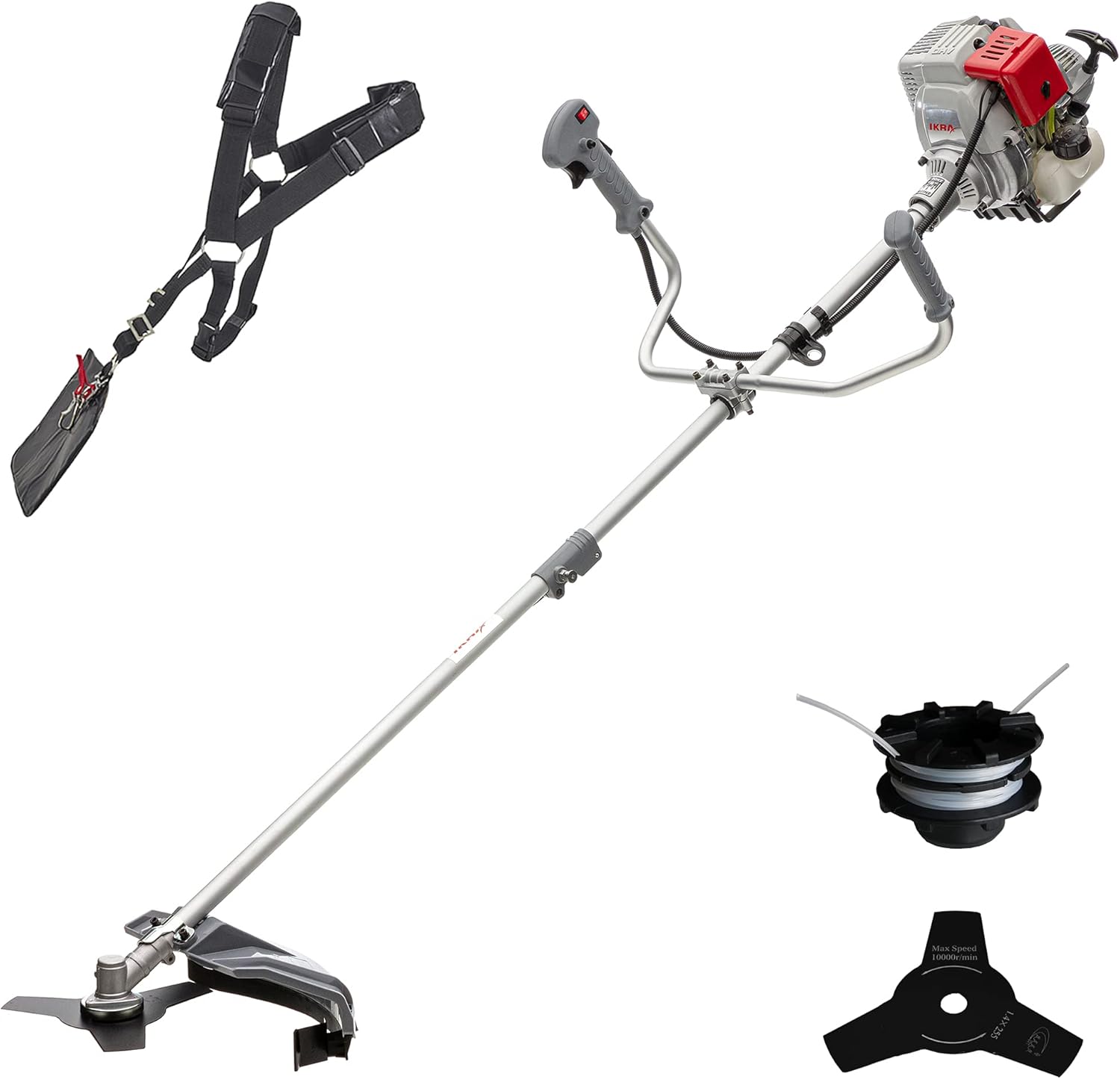 IKRA 73046760 Benzin Freischneider Trimmer IBF 31-4 inkl. Fadenspule, 3-Zahn-Messer & Schultergurt, Grasverwicklungsschutz, 0.7 W, Grau/Rot