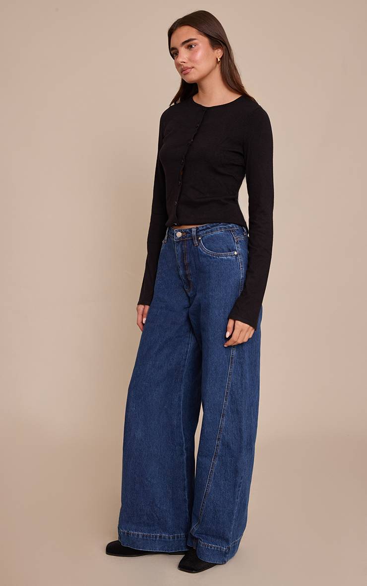 Bleu Indigo Jean Large Bleu Moyen Décontracté Taille Mi-haute Avec Détails De Coutures